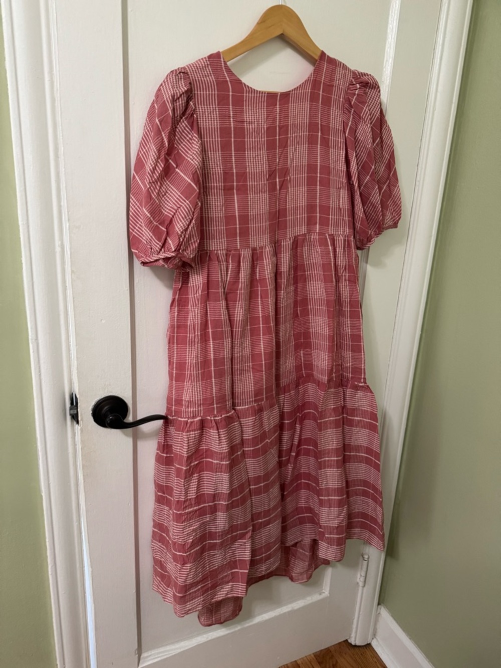 Pink Plaid Puff-Sleeve Tiered Dress